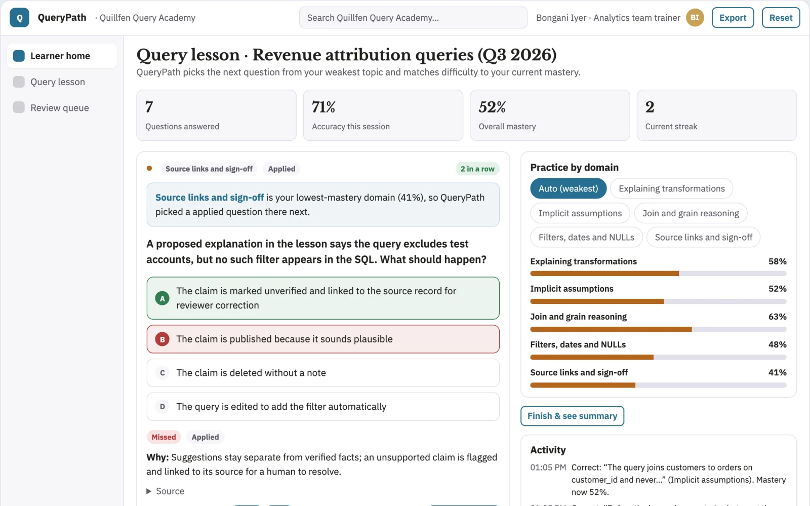 Screenshot of the Database query explanation academy interactive demo