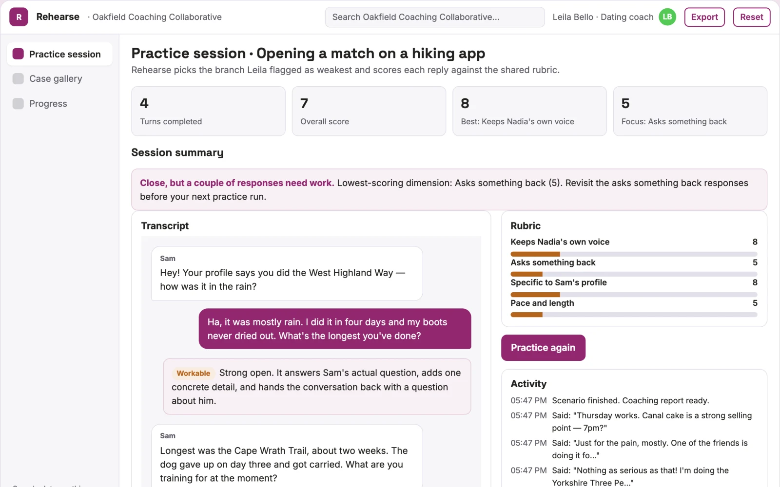 Screenshot of the Dating message and profile practice studio interactive demo