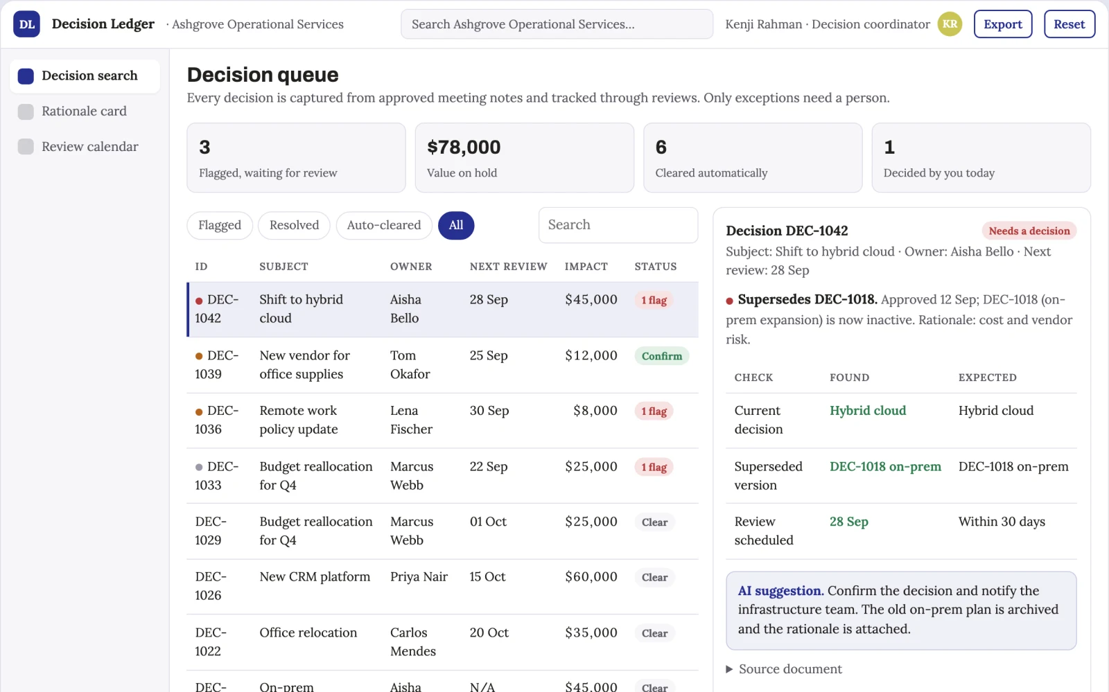 Screenshot of the Decision register service interactive demo