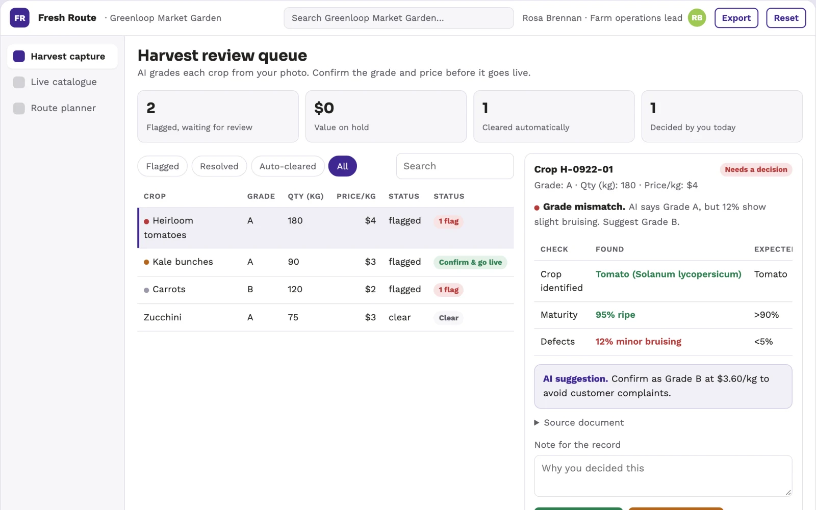 Demo screen of Fresh Route Coordinator