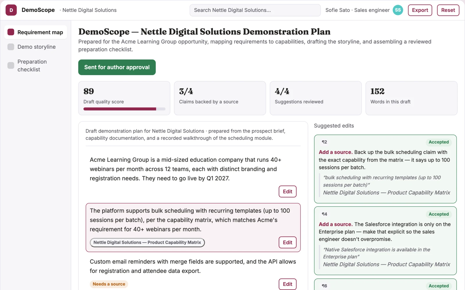 Demo screen of Demo preparation assistant