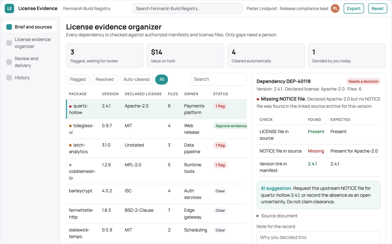 Screenshot of the Dependency license evidence organizer interactive demo