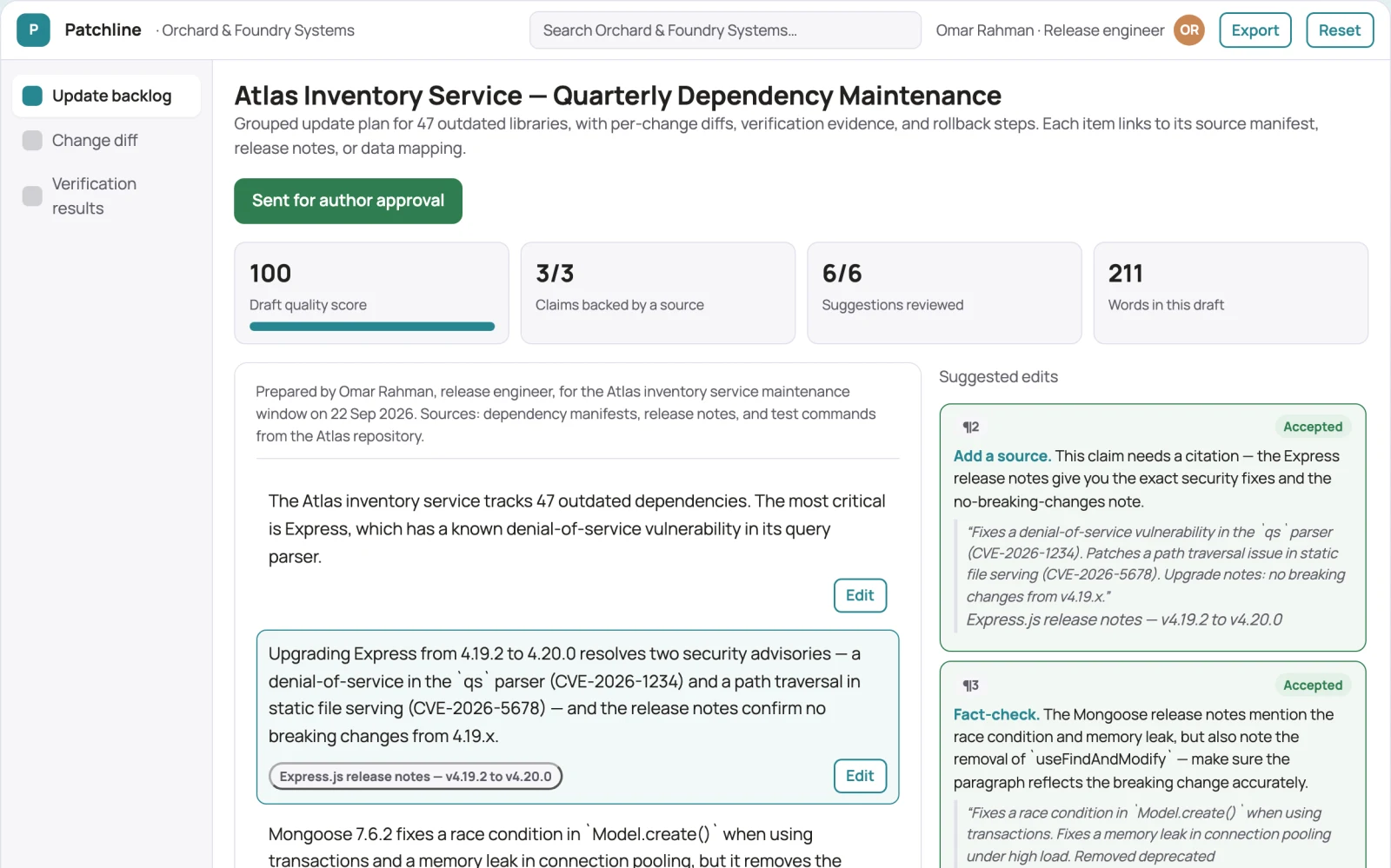 Demo screen of Dependency maintenance service