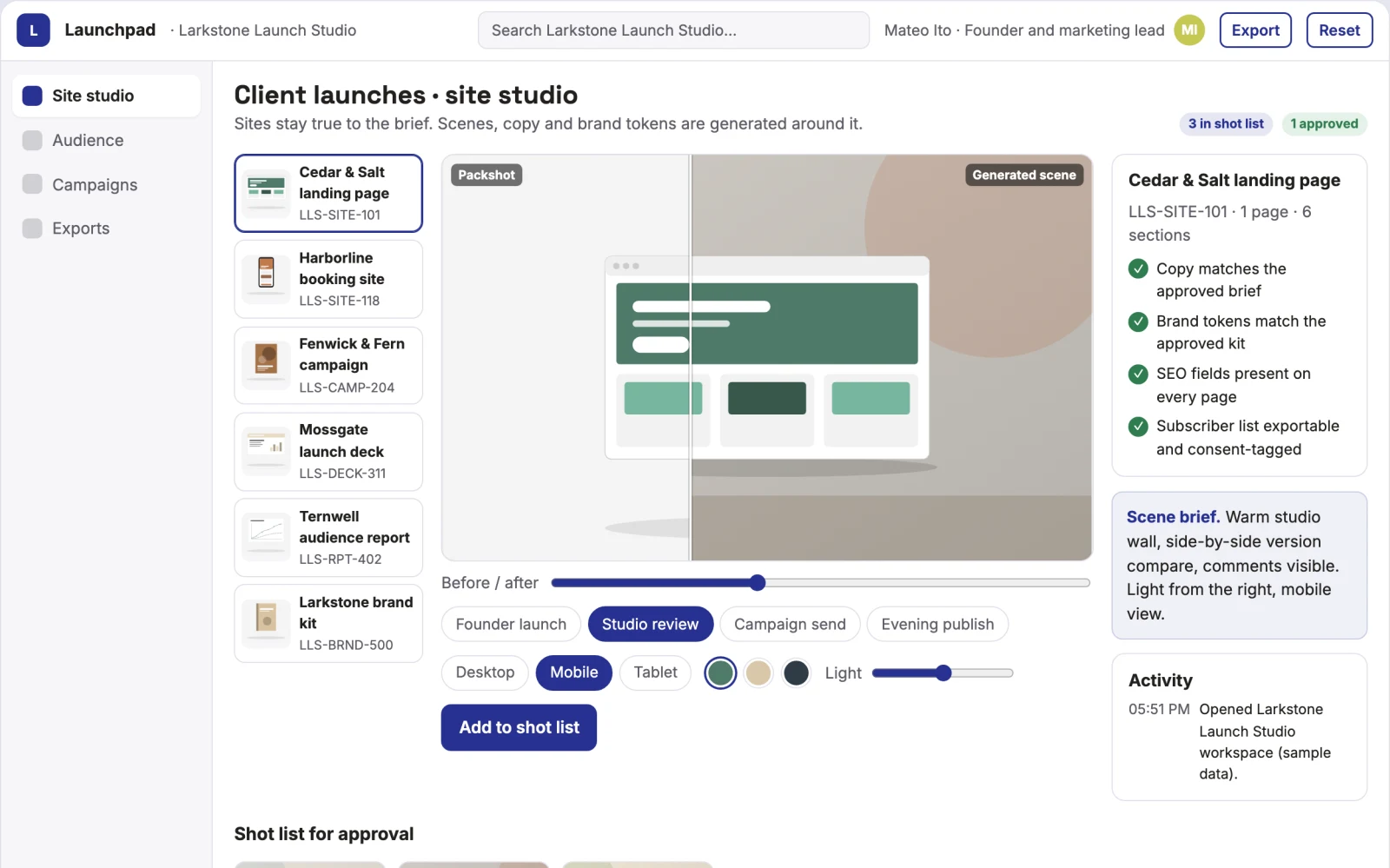Screenshot of the Description-to-site launch and audience workbench interactive demo