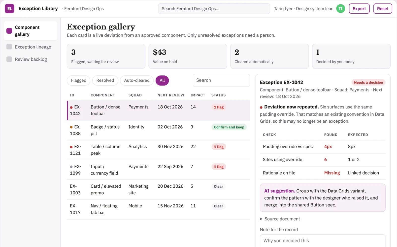 Screenshot of the Design system exception librarian interactive demo