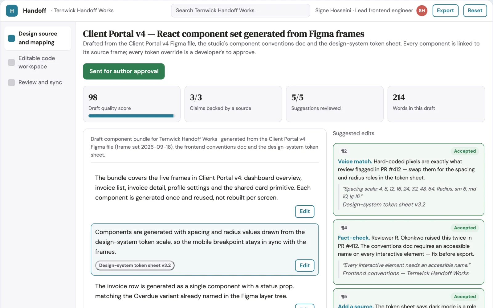 Screenshot of the Design-to-code delivery workspace interactive demo