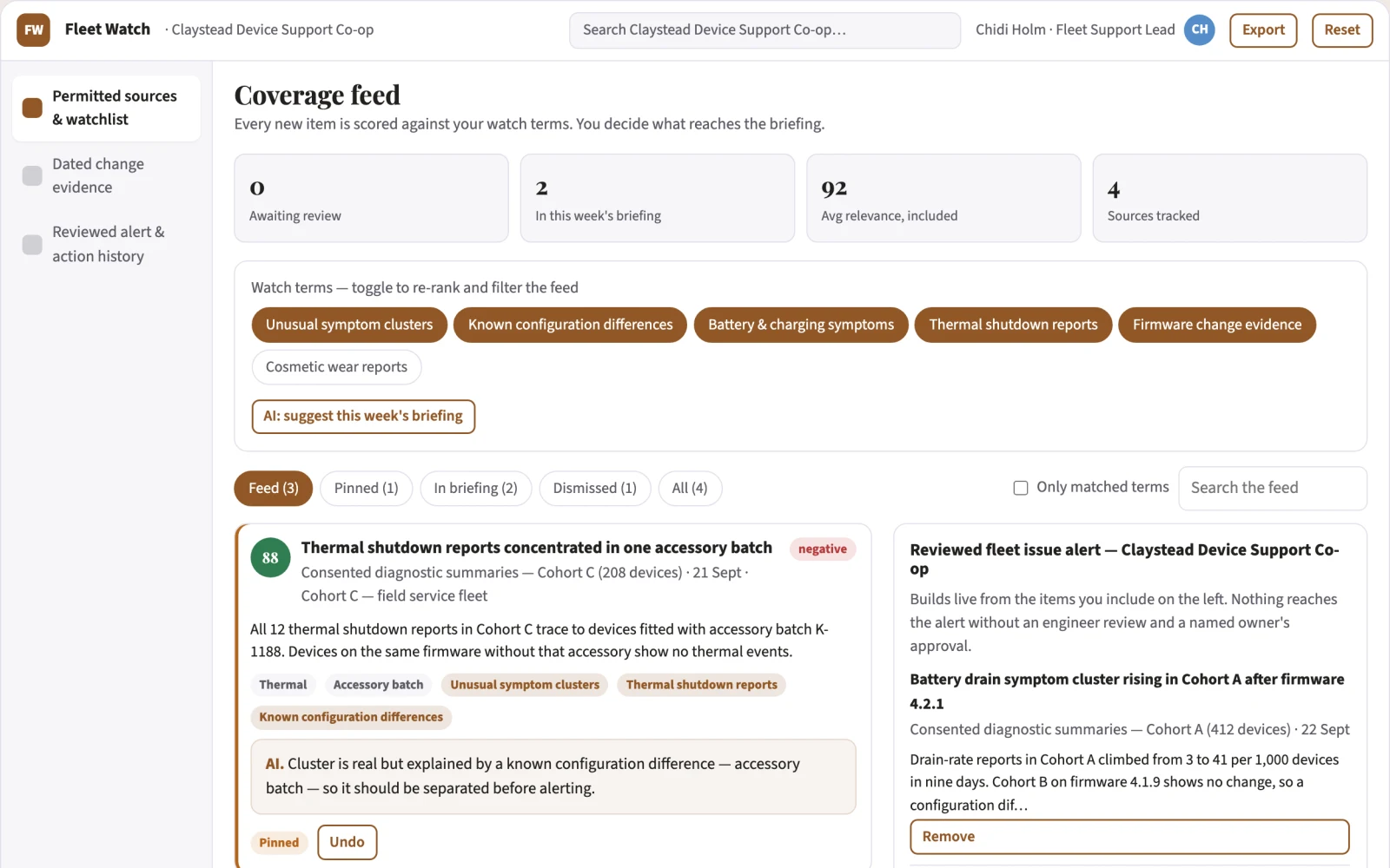 Screenshot of the Device fleet issue early-warning service interactive demo