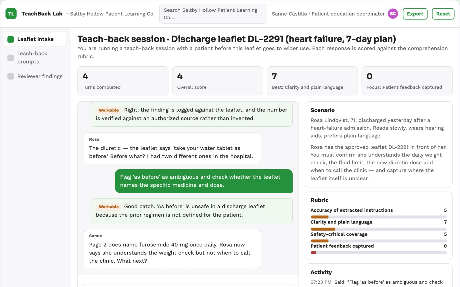 Screenshot of the Discharge instruction comprehension lab interactive demo