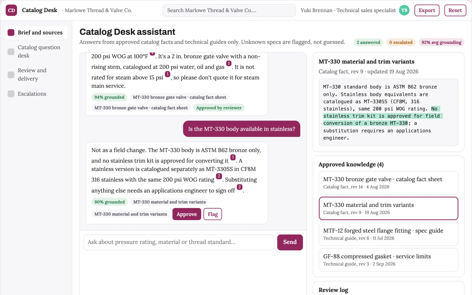 Screenshot of the Distributor catalog question desk interactive demo