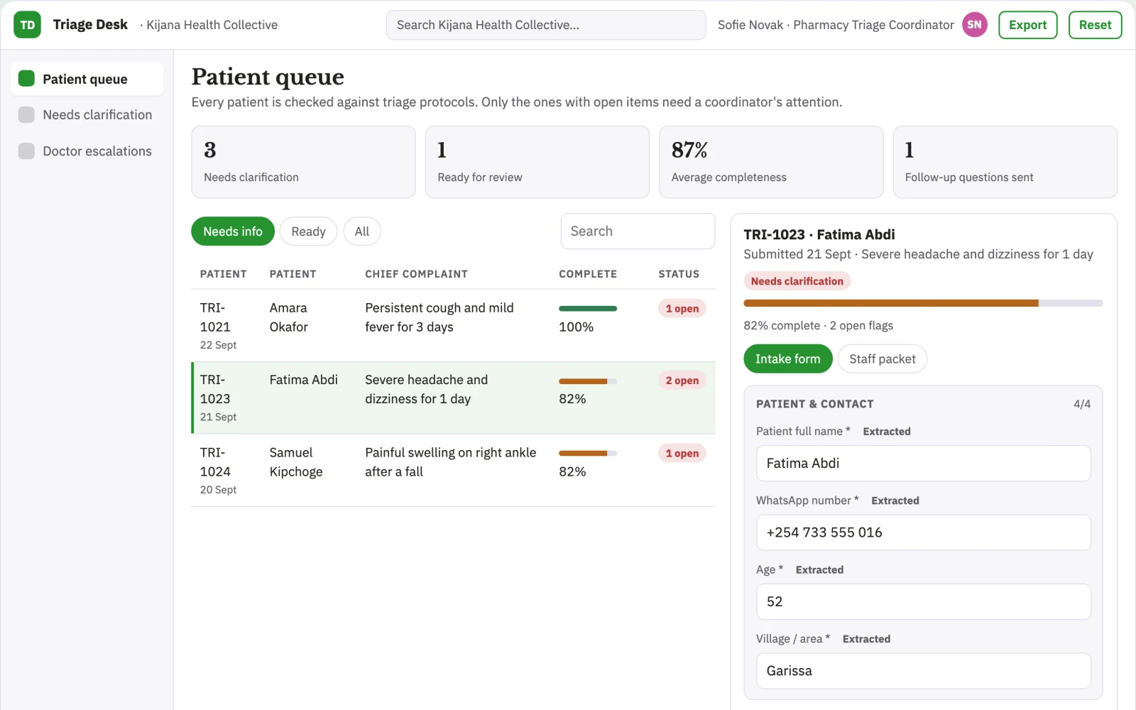 Demo screen of Rural Health Triage Assistant