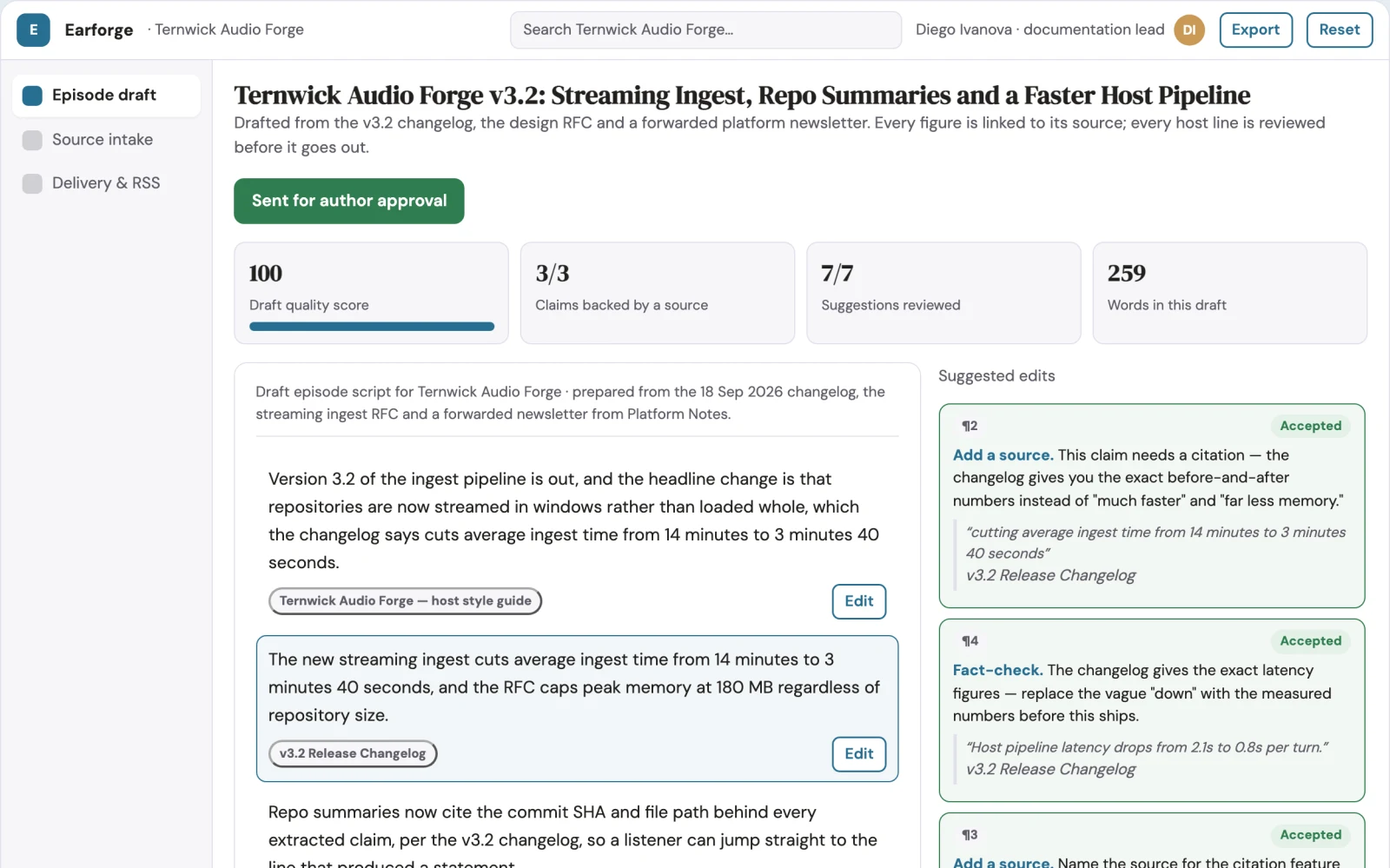 Screenshot of the Document and web to AI-host podcast workspace interactive demo
