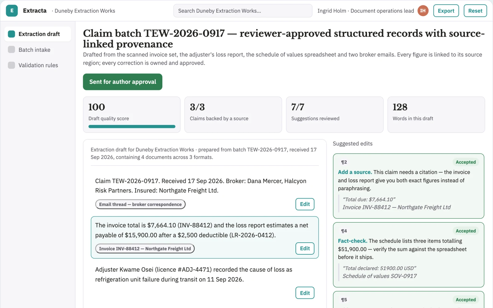 Screenshot of the Document data extraction and workflow preparation workspace interactive demo