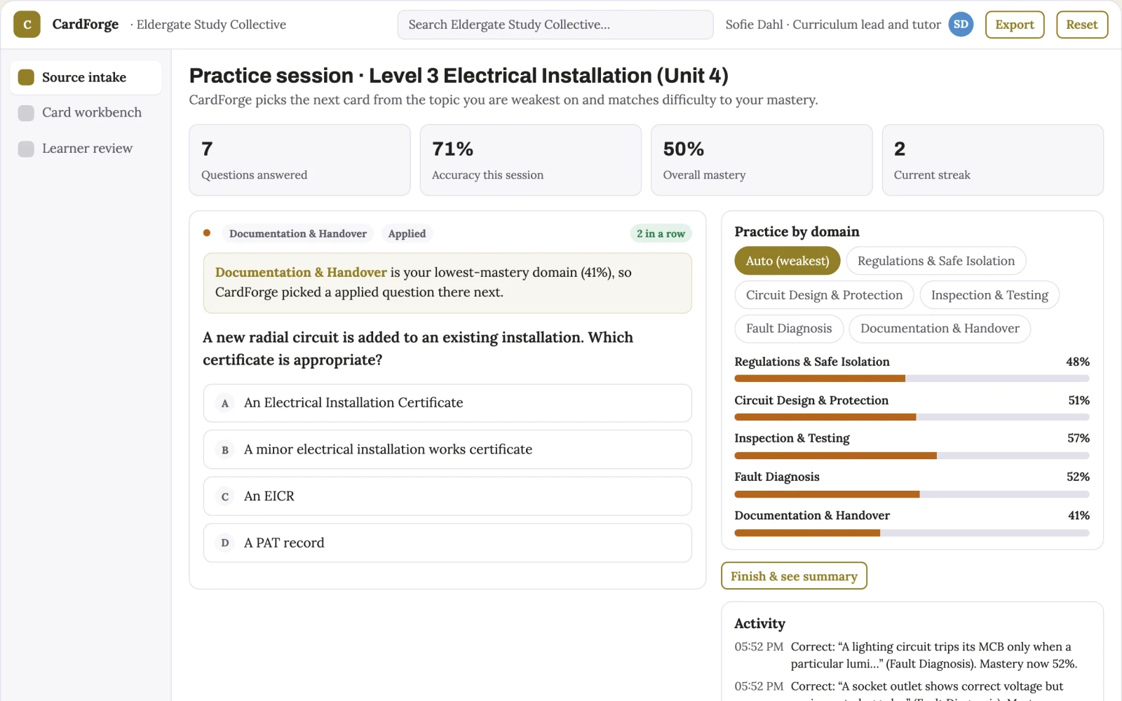 Screenshot of the Document-to-flashcard study and review workbench interactive demo