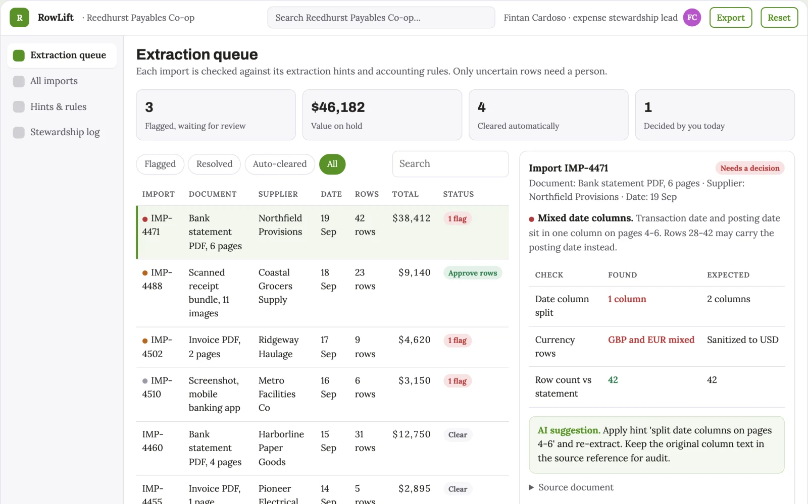 Screenshot of the Document-to-spreadsheet extraction and expense stewardship console interactive demo