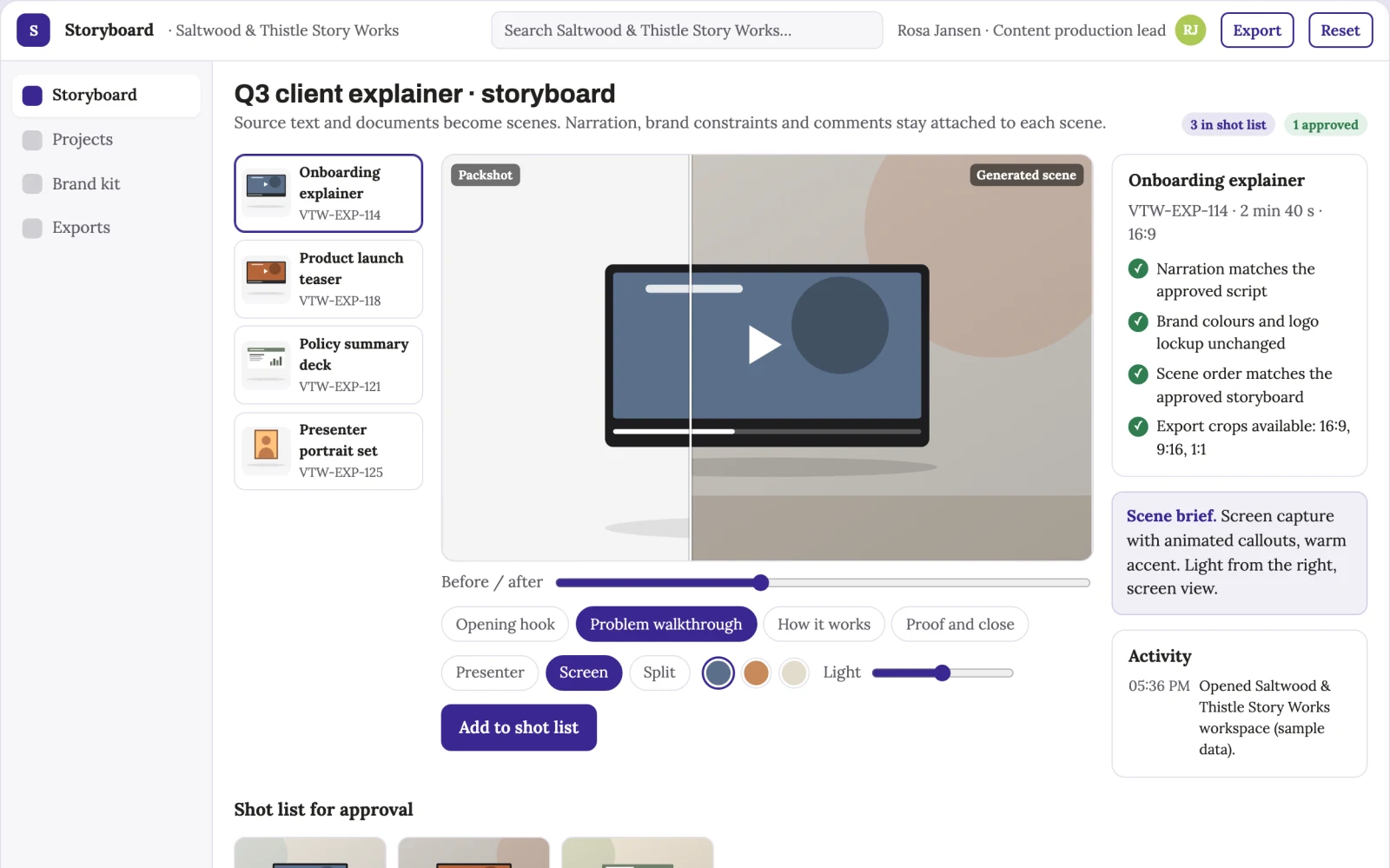 Screenshot of the Document-to-video production workbench with managed review interactive demo
