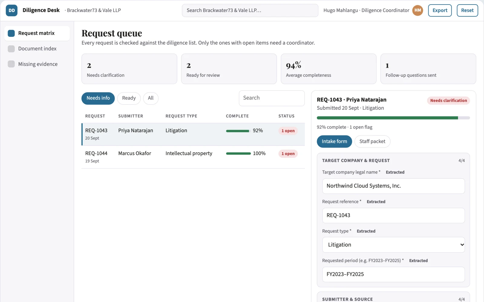 Demo screen of Due diligence document organizer