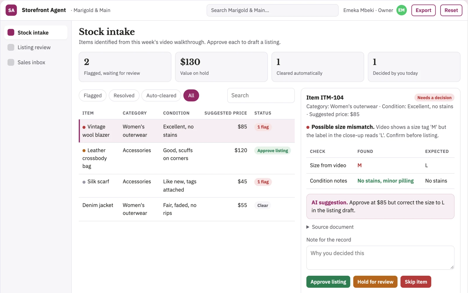 Demo screen of Nightshift Storefront Agent