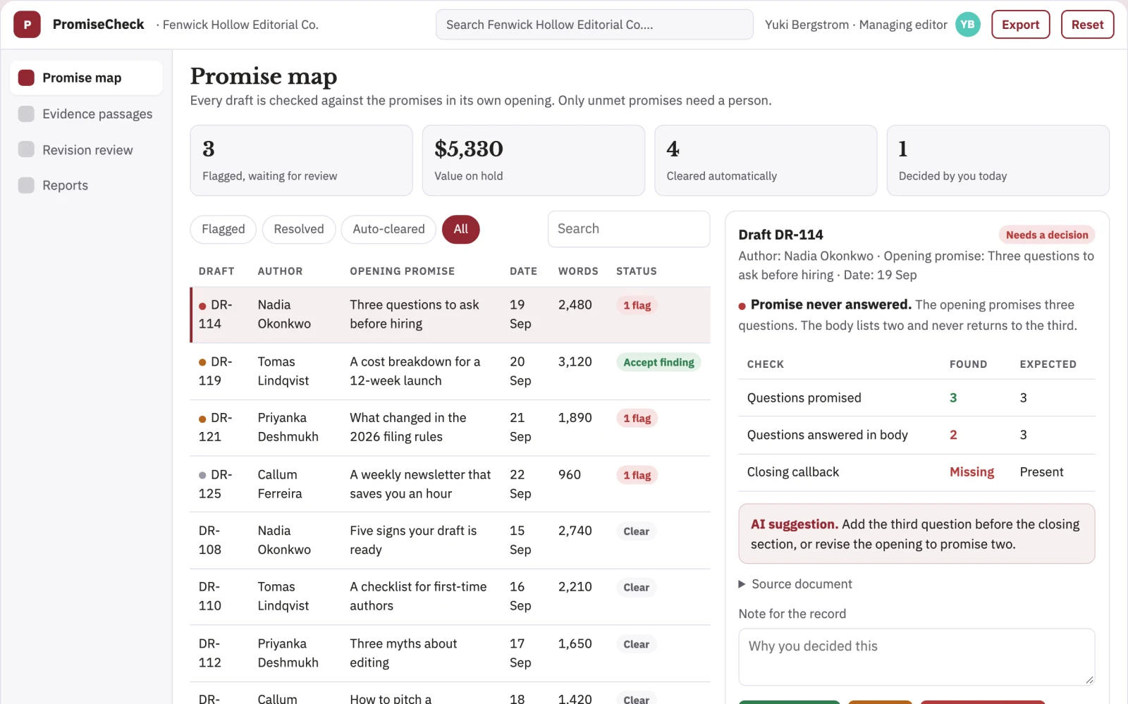 Screenshot of the Editorial promise fulfillment checker interactive demo