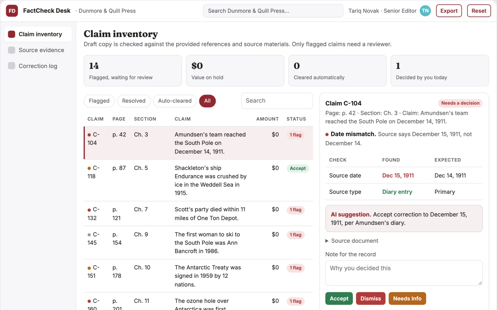 Screenshot of the Editorial verification service interactive demo
