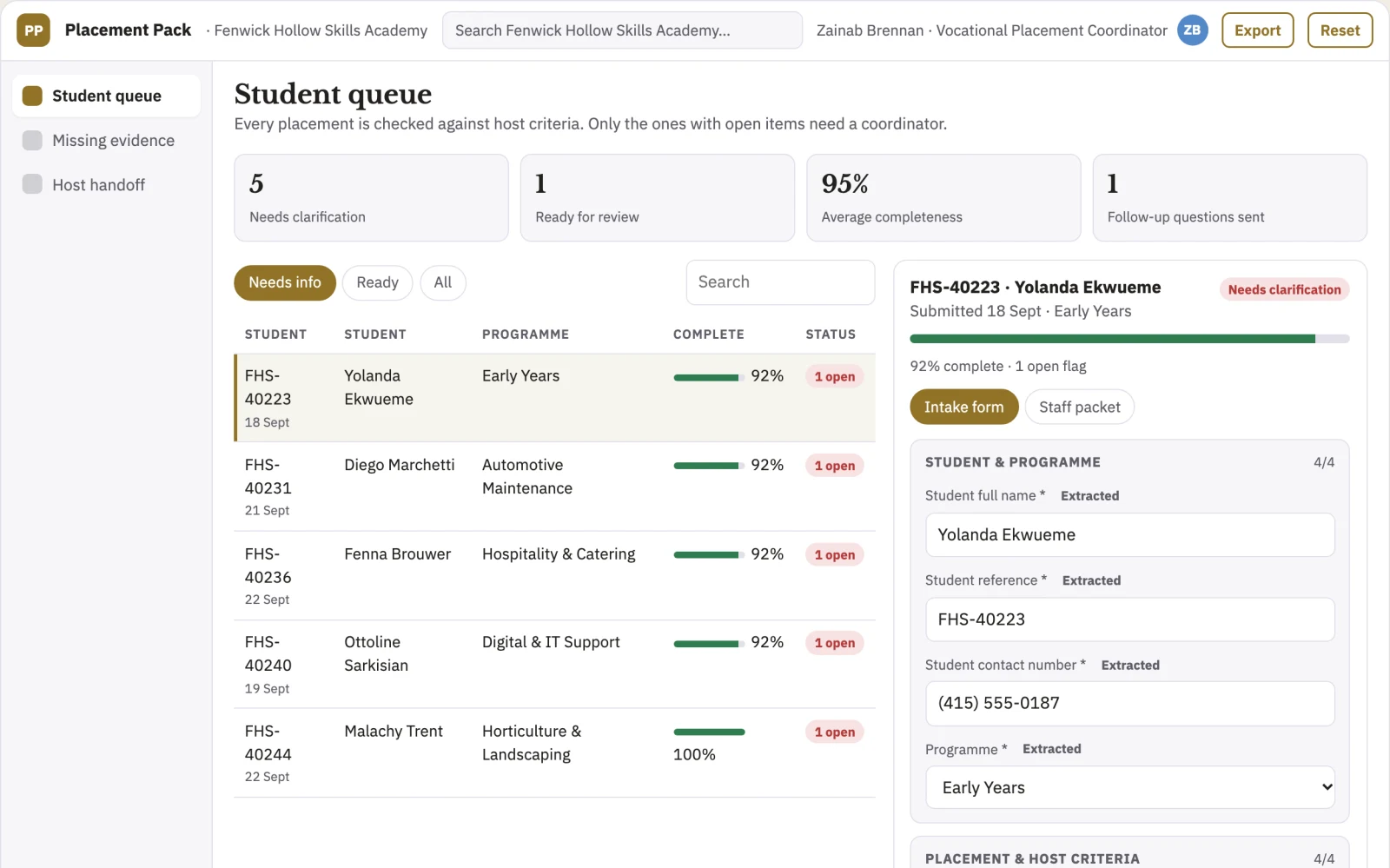 Screenshot of the Education placement evidence pack interactive demo