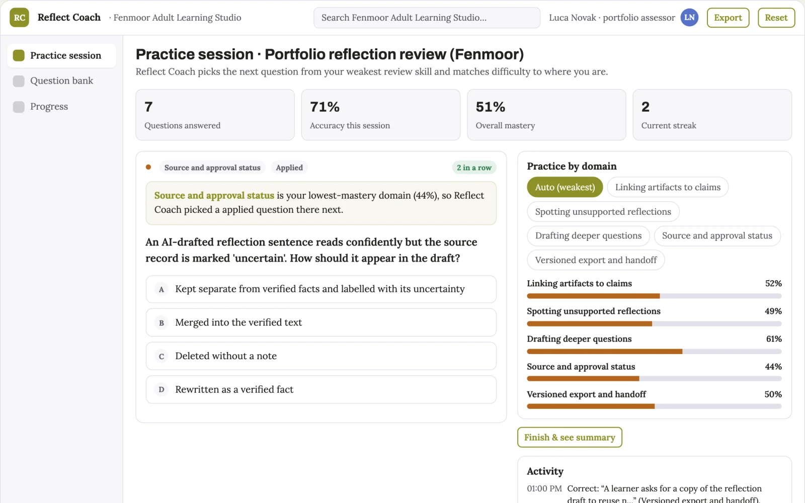 Screenshot of the Education portfolio reflection coach interactive demo
