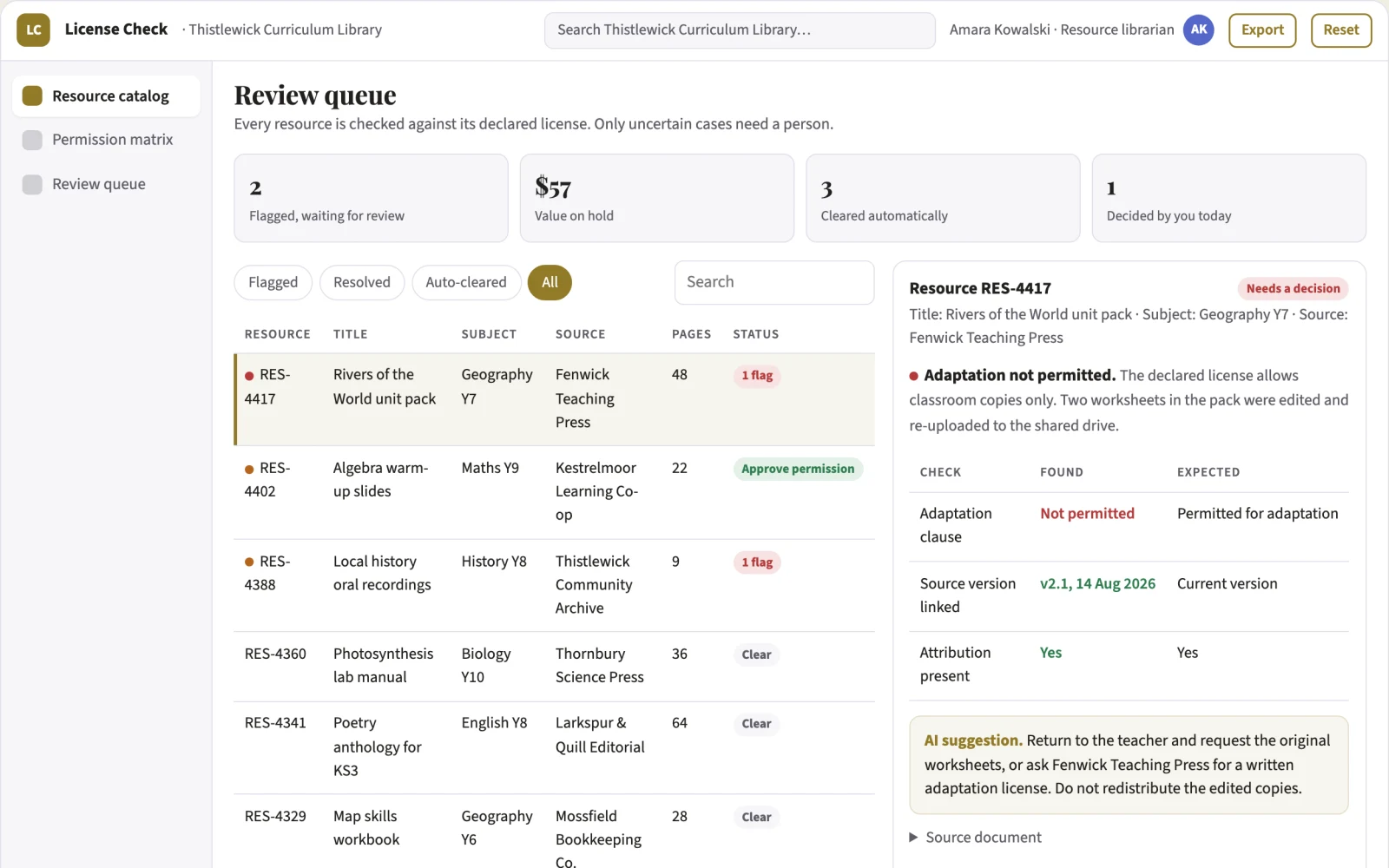 Screenshot of the Education resource license checker interactive demo