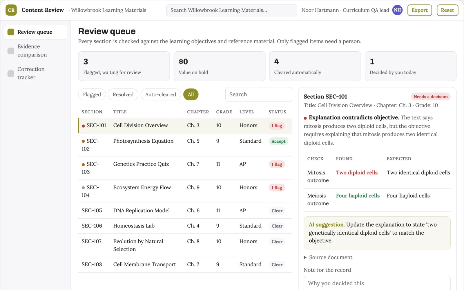 Screenshot of the Educational content quality review interactive demo