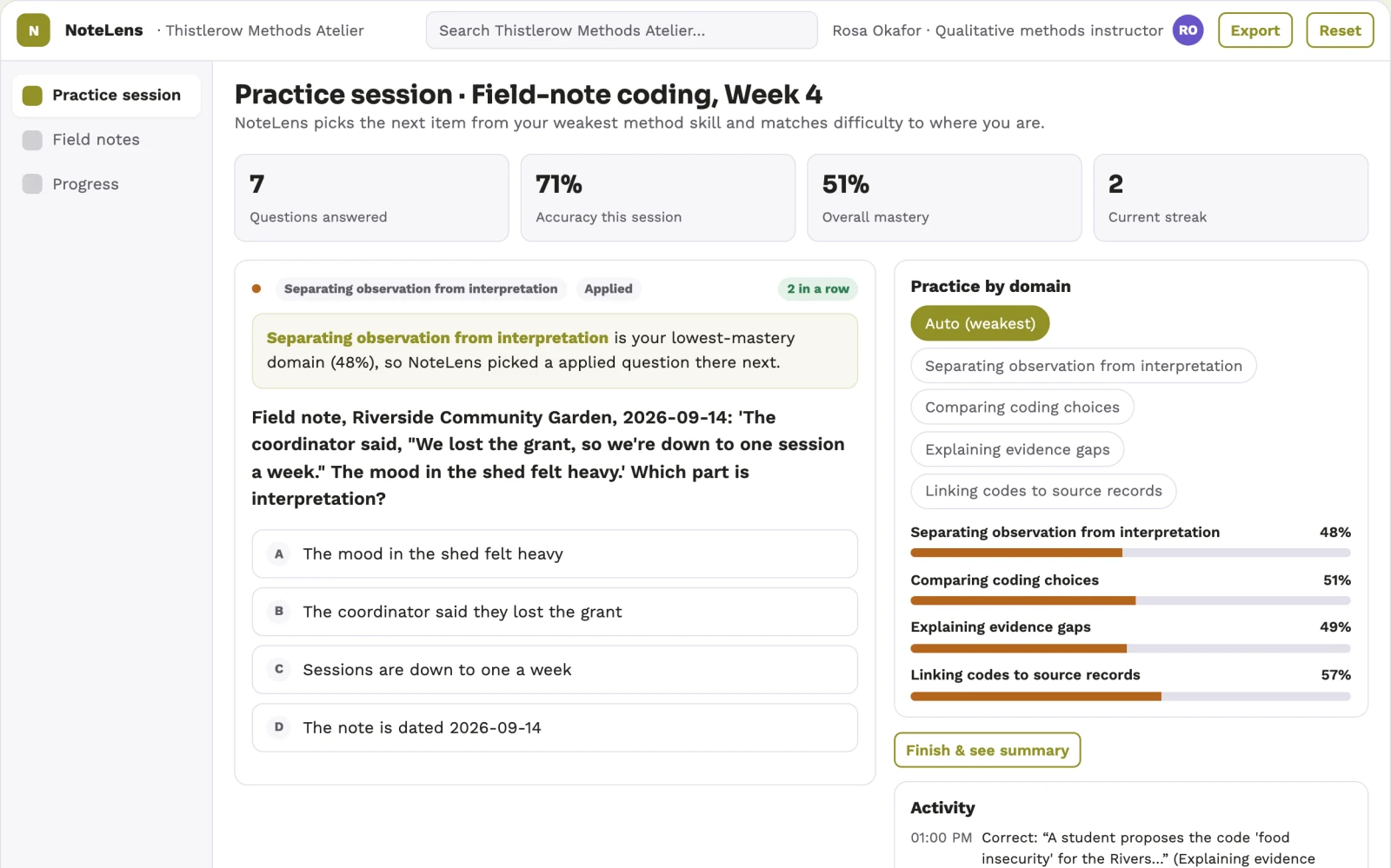 Screenshot of the Educational field-note coding lab interactive demo
