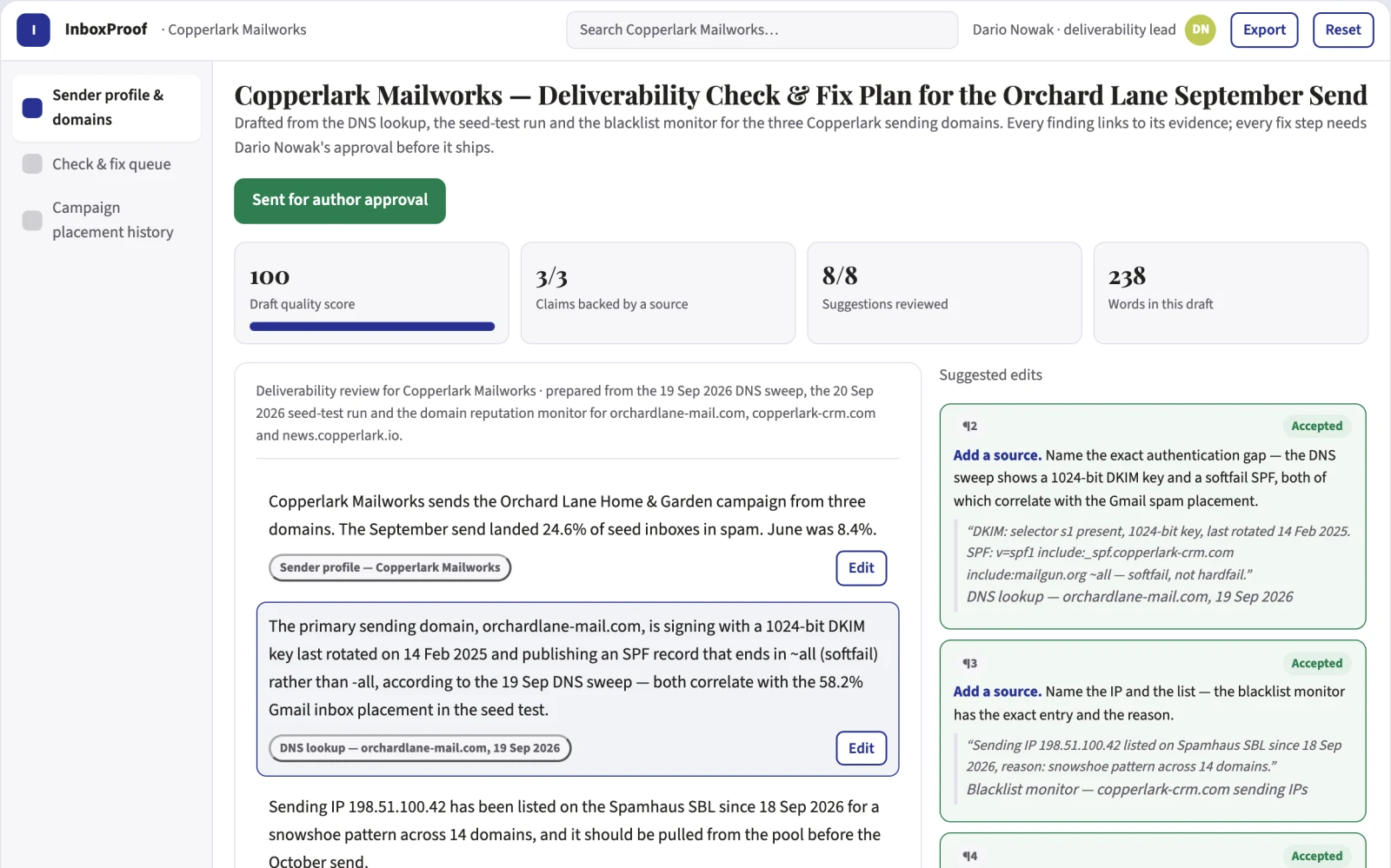 Screenshot of the Email deliverability check and fix workspace interactive demo