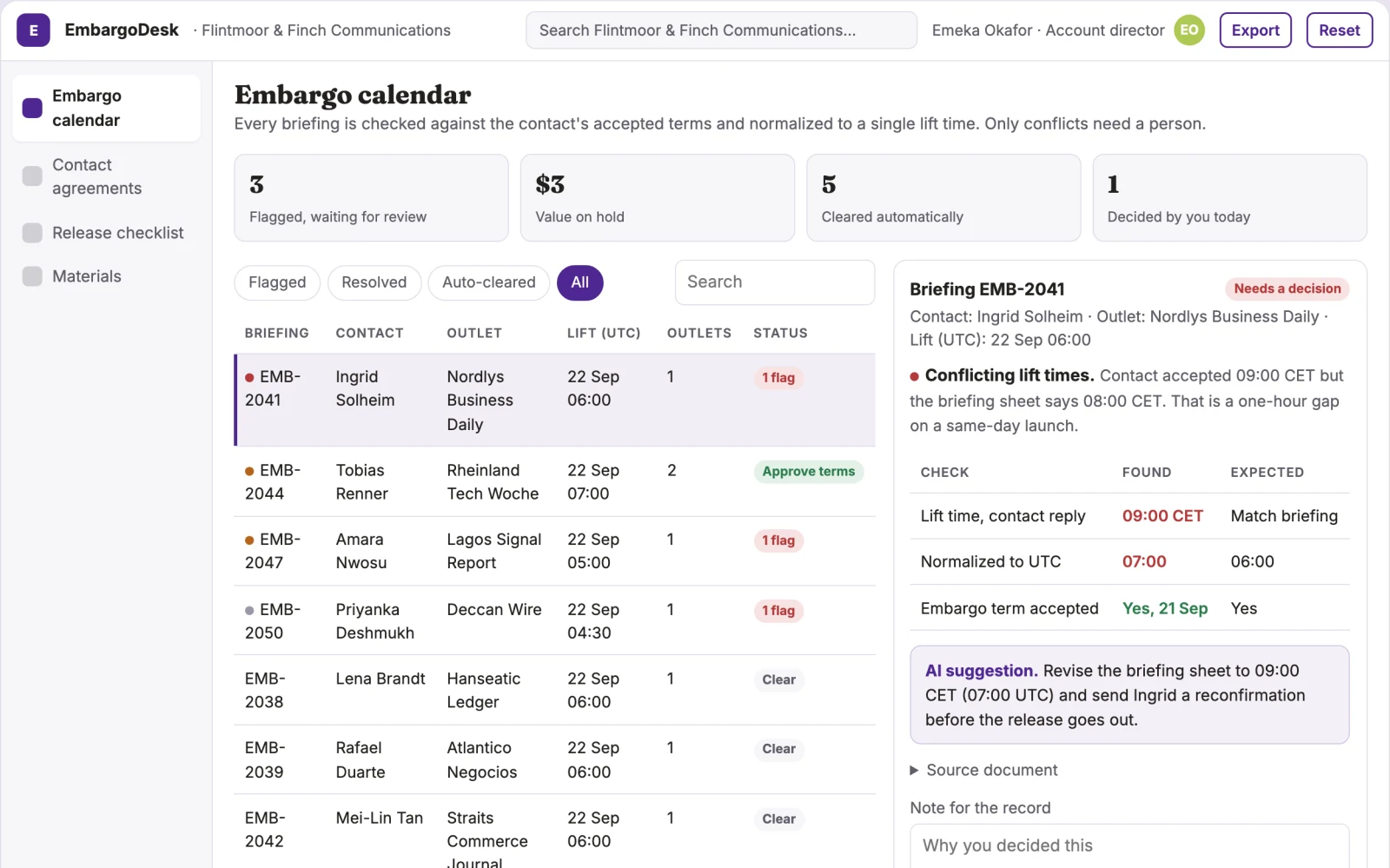 Screenshot of the Embargo coordination workspace interactive demo