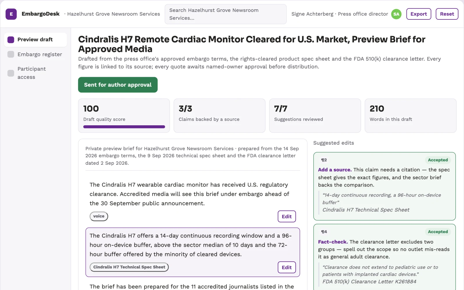 Screenshot of the Embargoed newsroom preview environment interactive demo