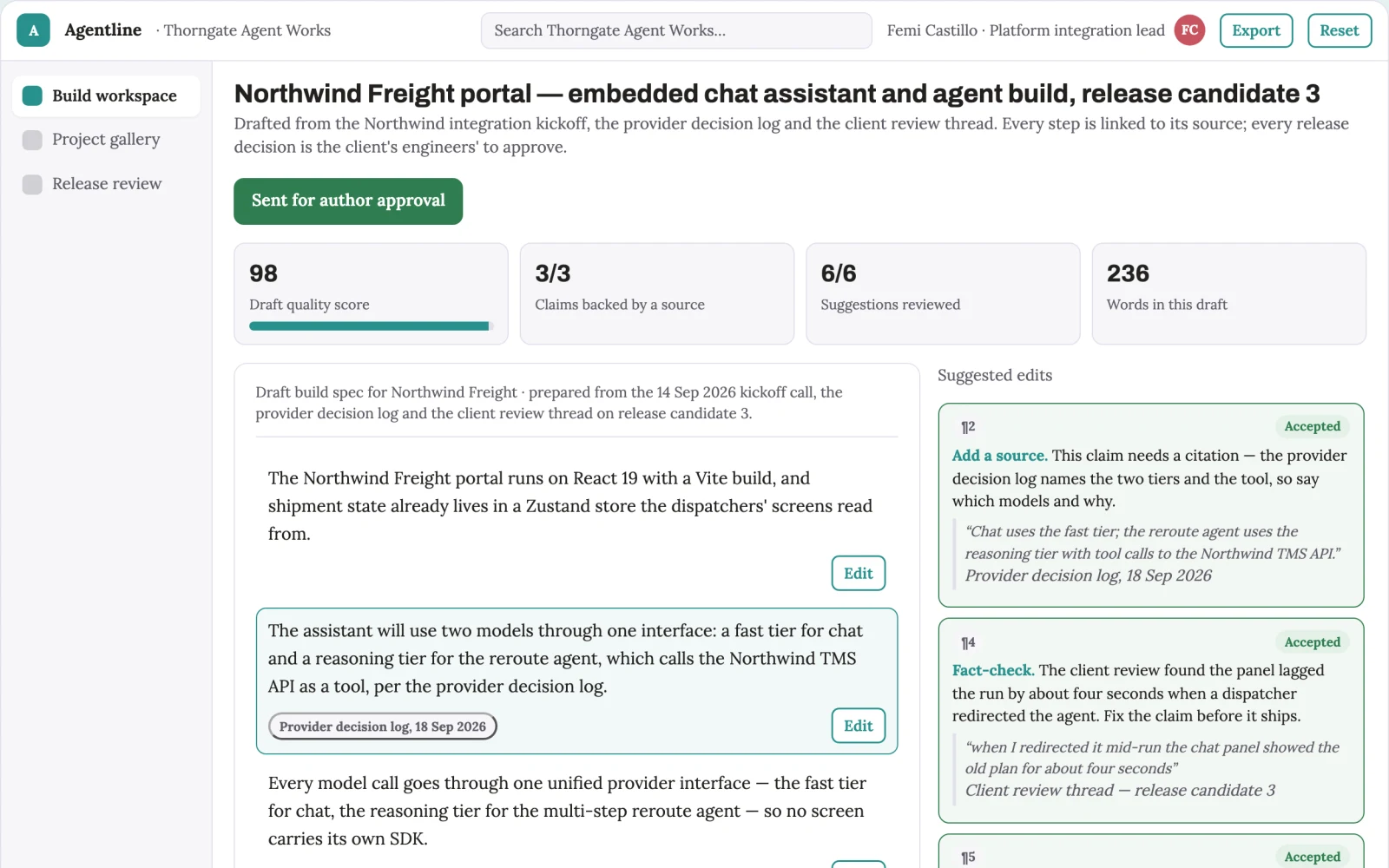 Screenshot of the Embedded chat assistant and agent delivery workspace interactive demo