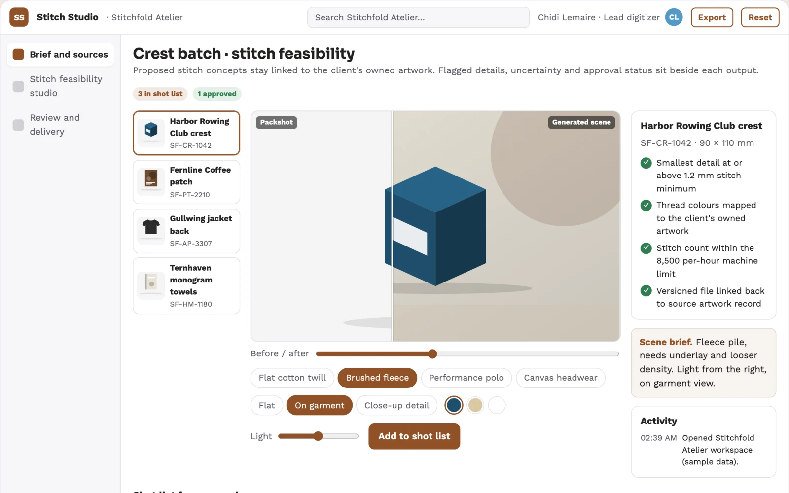 Screenshot of the Embroidery stitch feasibility studio interactive demo