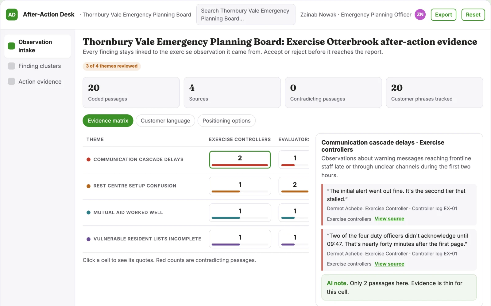 Screenshot of the Emergency exercise after-action desk interactive demo