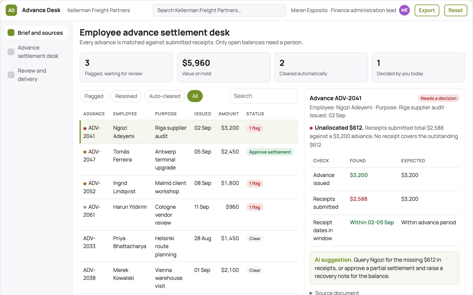 Screenshot of the Employee advance settlement desk interactive demo