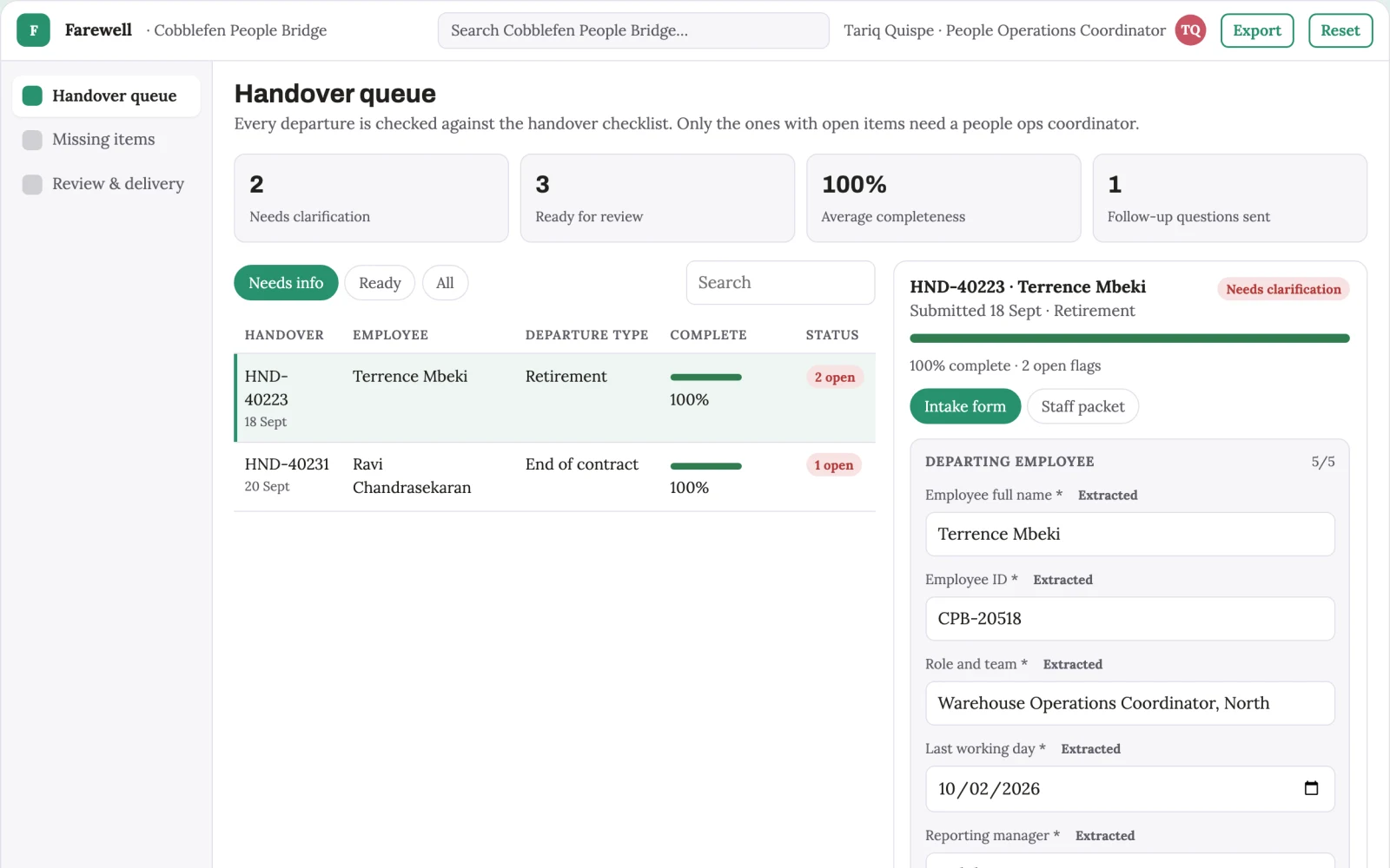 Screenshot of the Employee farewell knowledge capture interactive demo