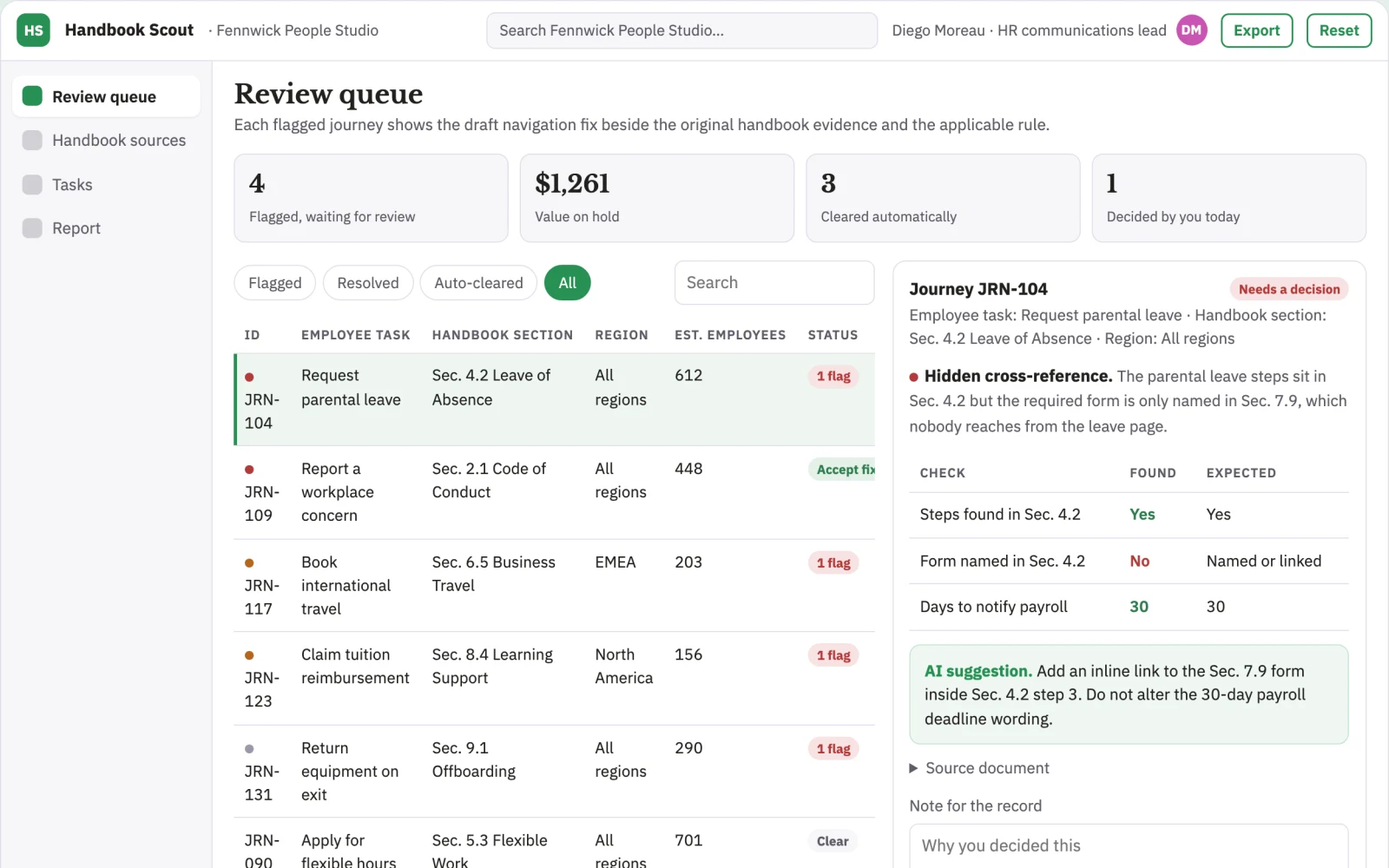 Screenshot of the Employee handbook navigation tester interactive demo