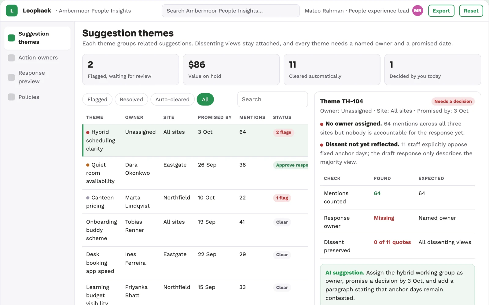 Screenshot of the Employee listening action receipt interactive demo