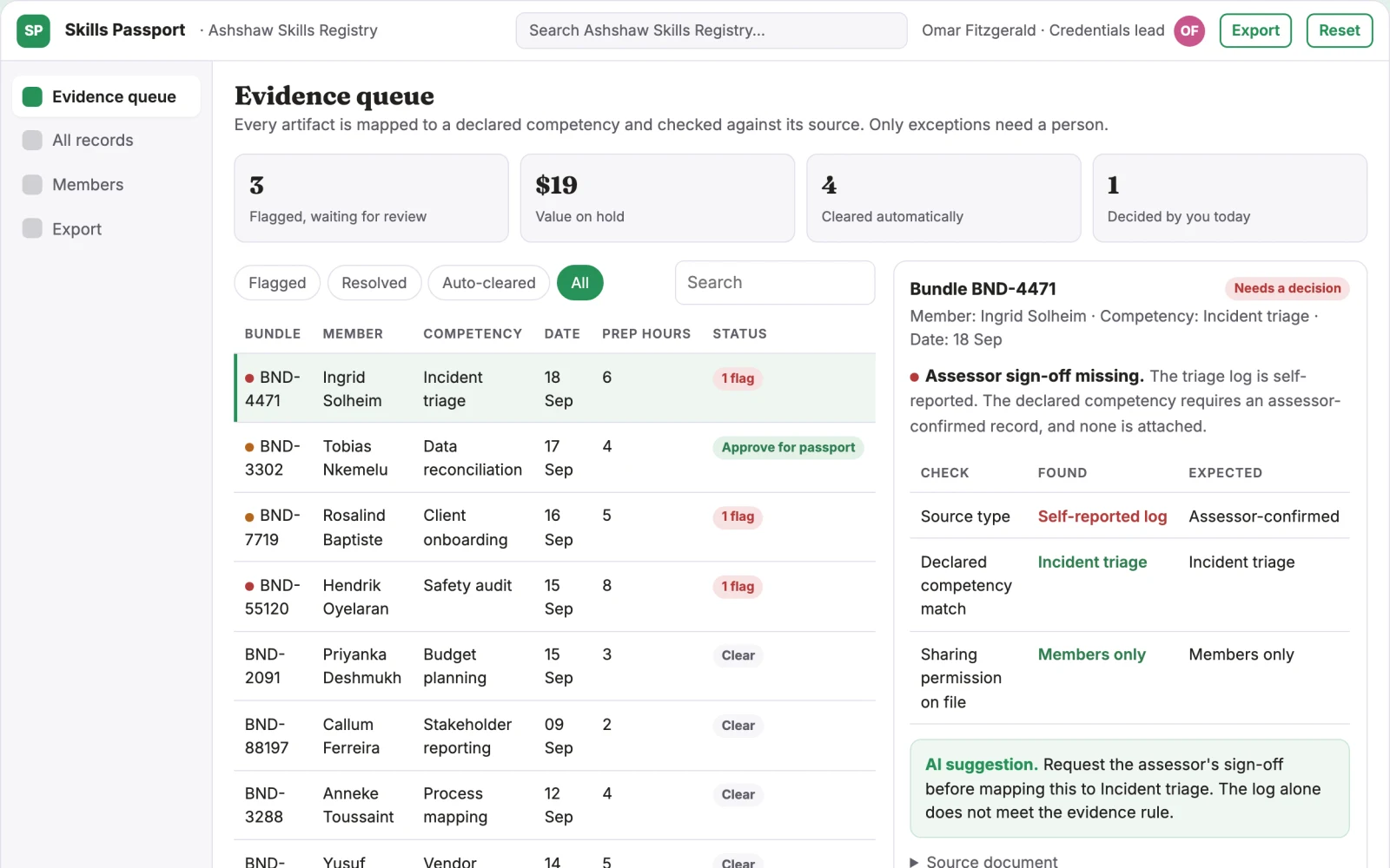 Screenshot of the Employee-owned skills evidence passport interactive demo