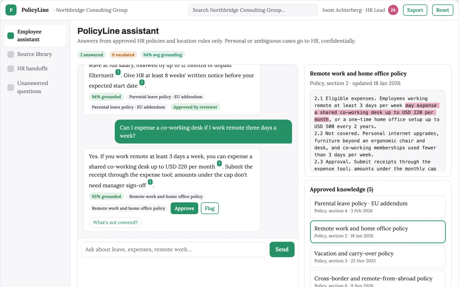 Screenshot of the Employee policy assistant interactive demo