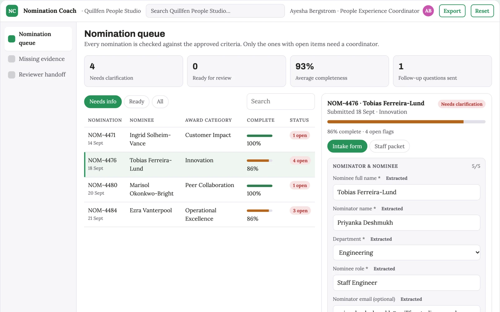 Screenshot of the Employee recognition nomination coach interactive demo