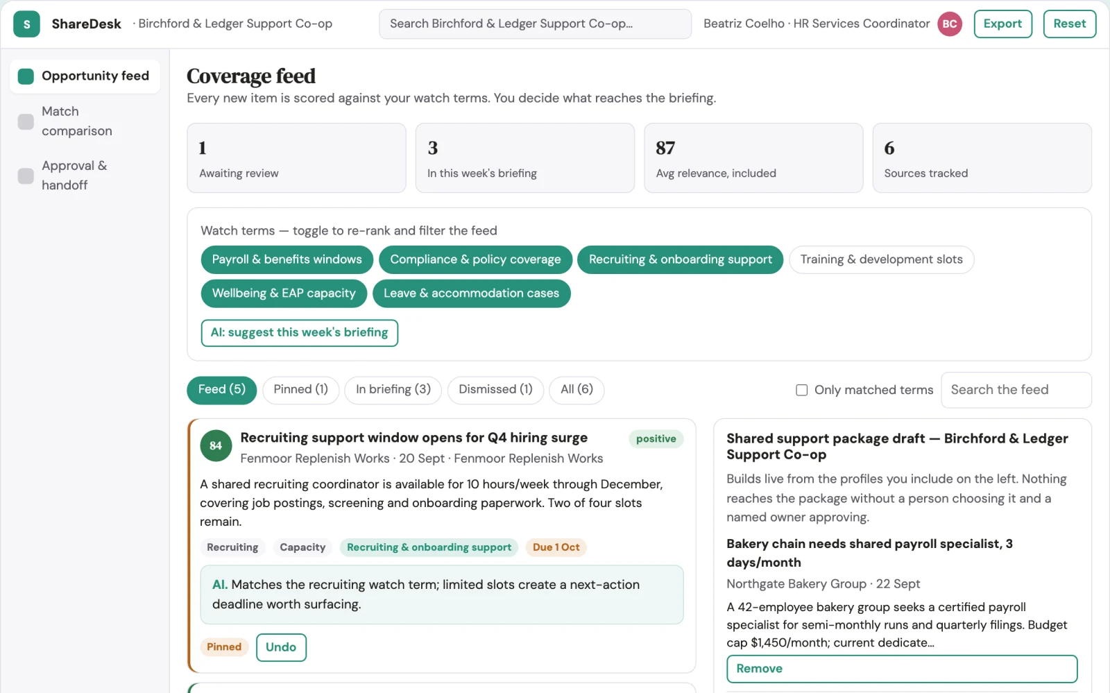 Screenshot of the Employee support service capacity exchange interactive demo