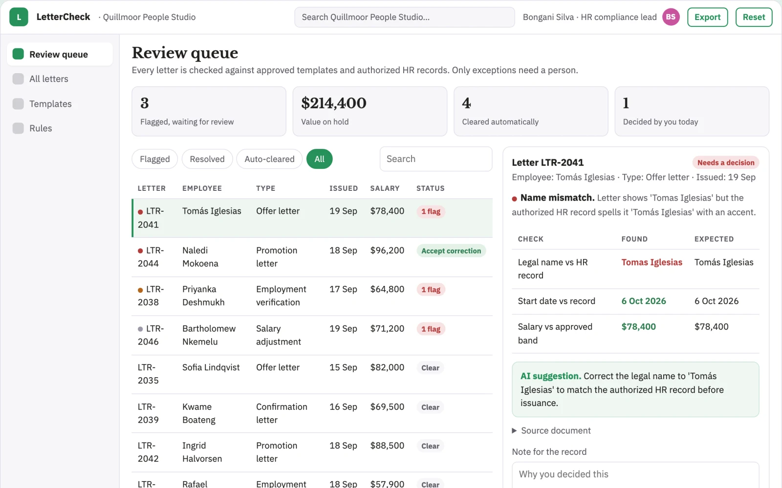 Screenshot of the Employment letter fact checker interactive demo