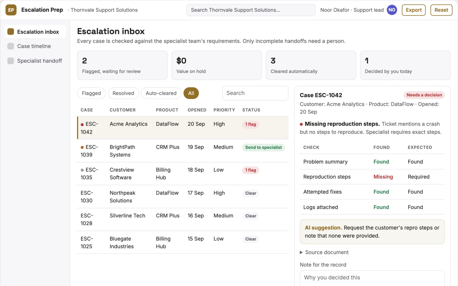 Demo screen of Escalation preparation tool