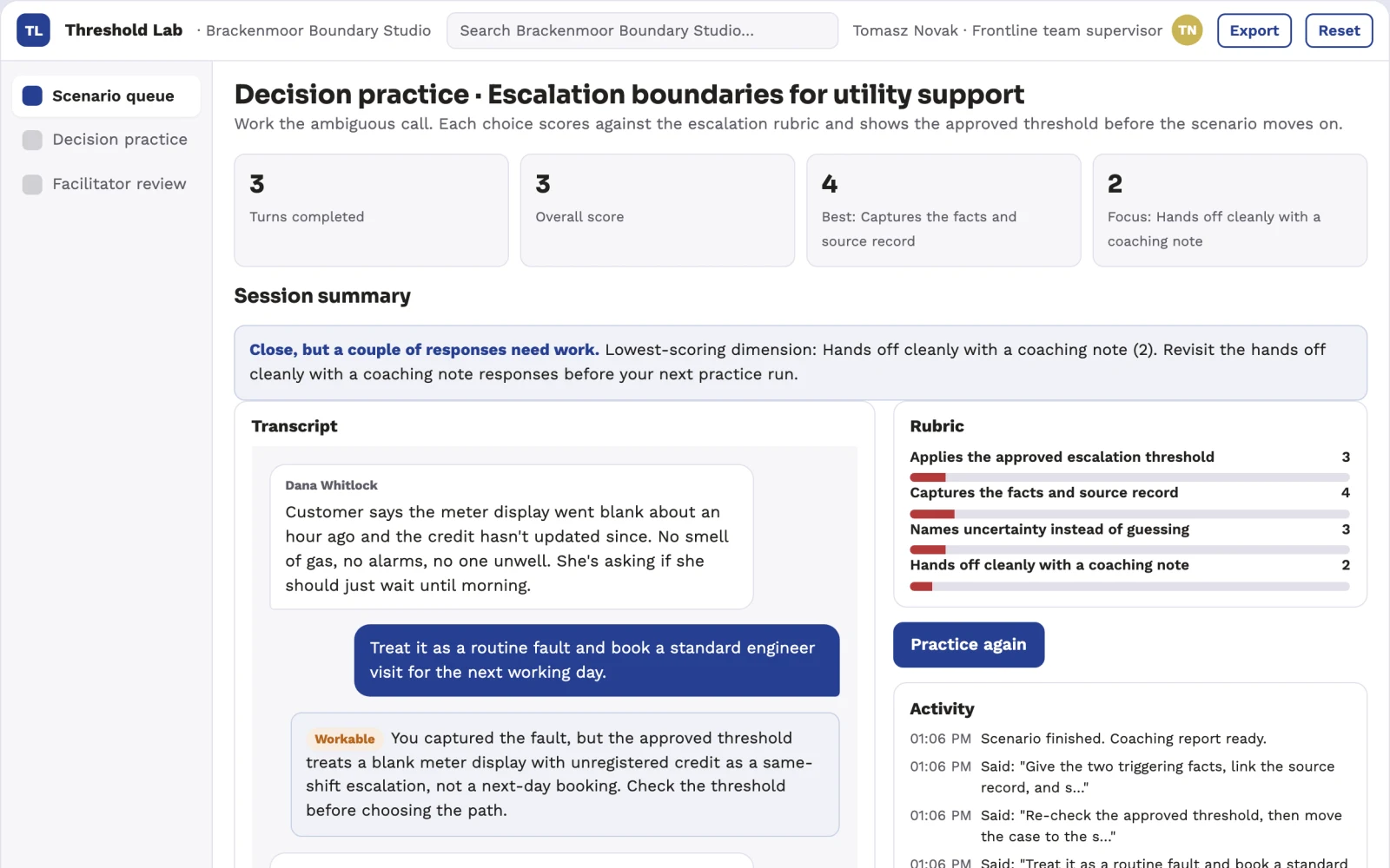 Screenshot of the Escalation threshold rehearsal interactive demo