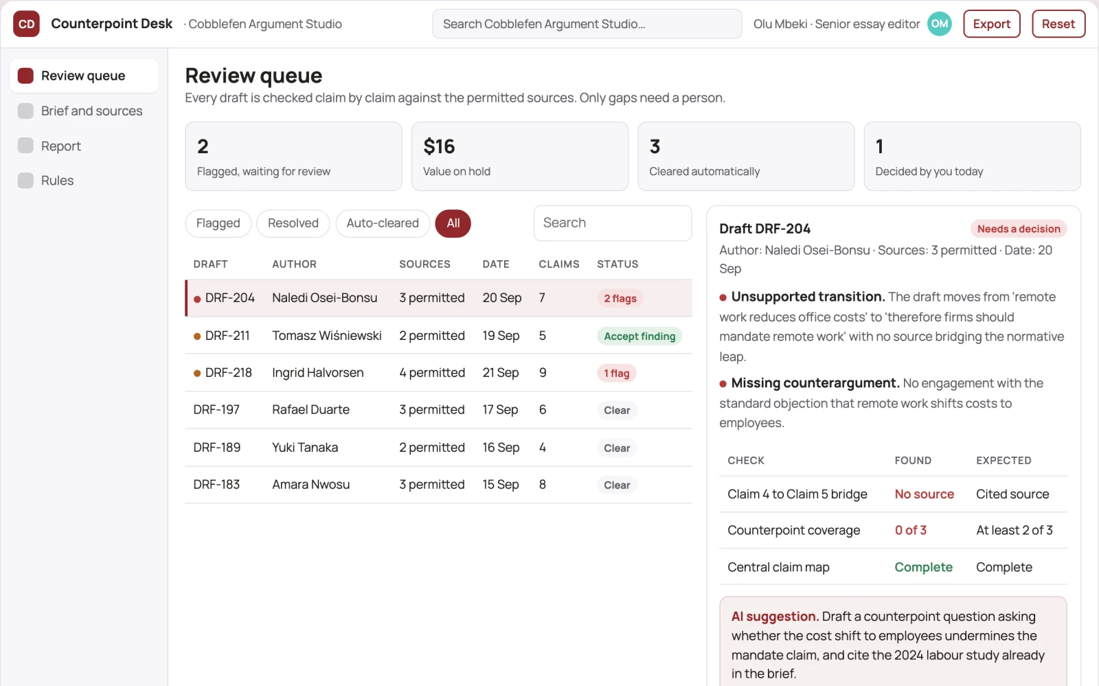 Screenshot of the Essay argument counterpoint desk interactive demo