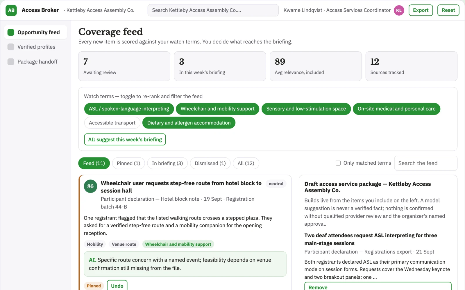 Screenshot of the Event accessible participation service broker interactive demo