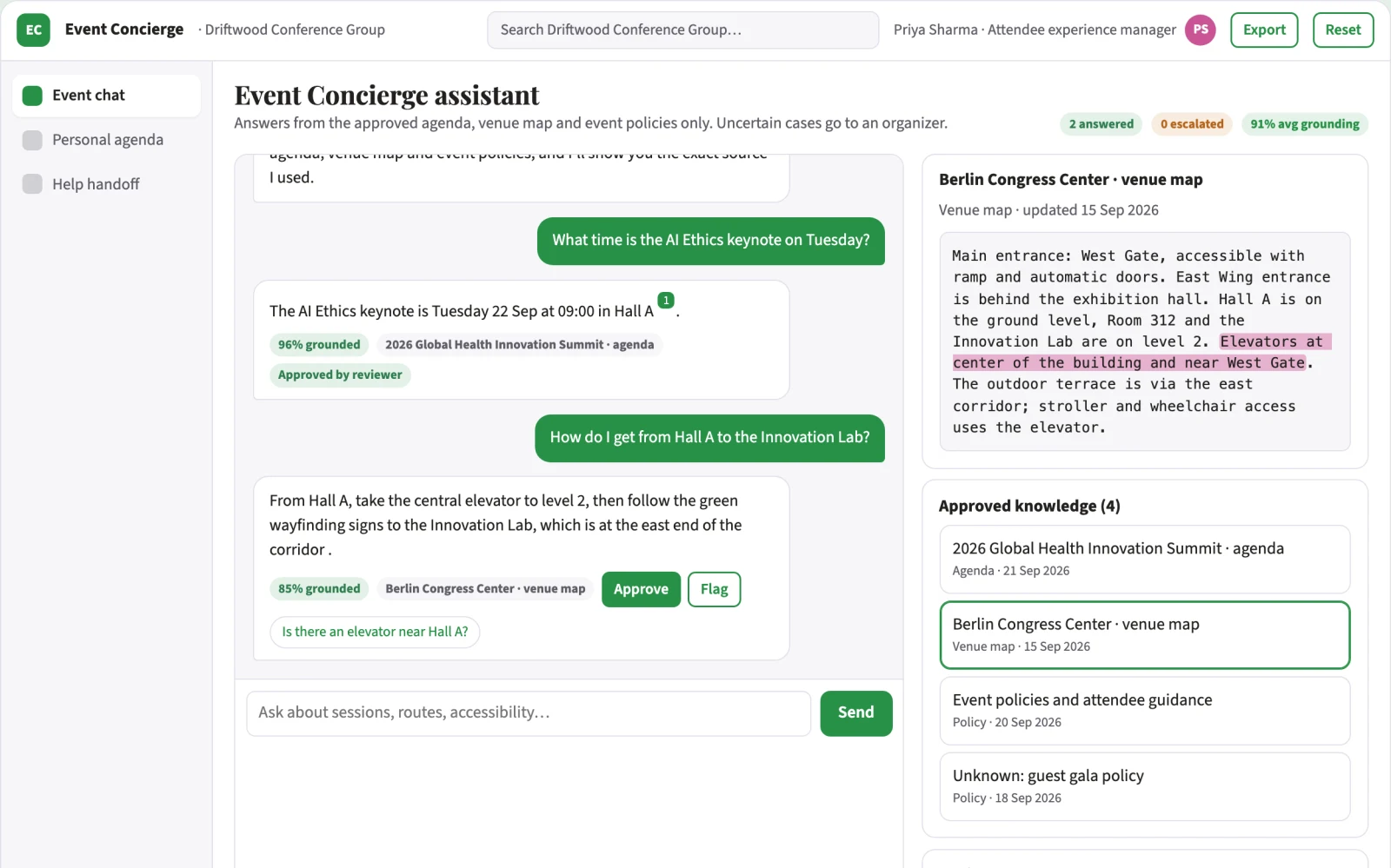 Demo screen of Event attendee concierge