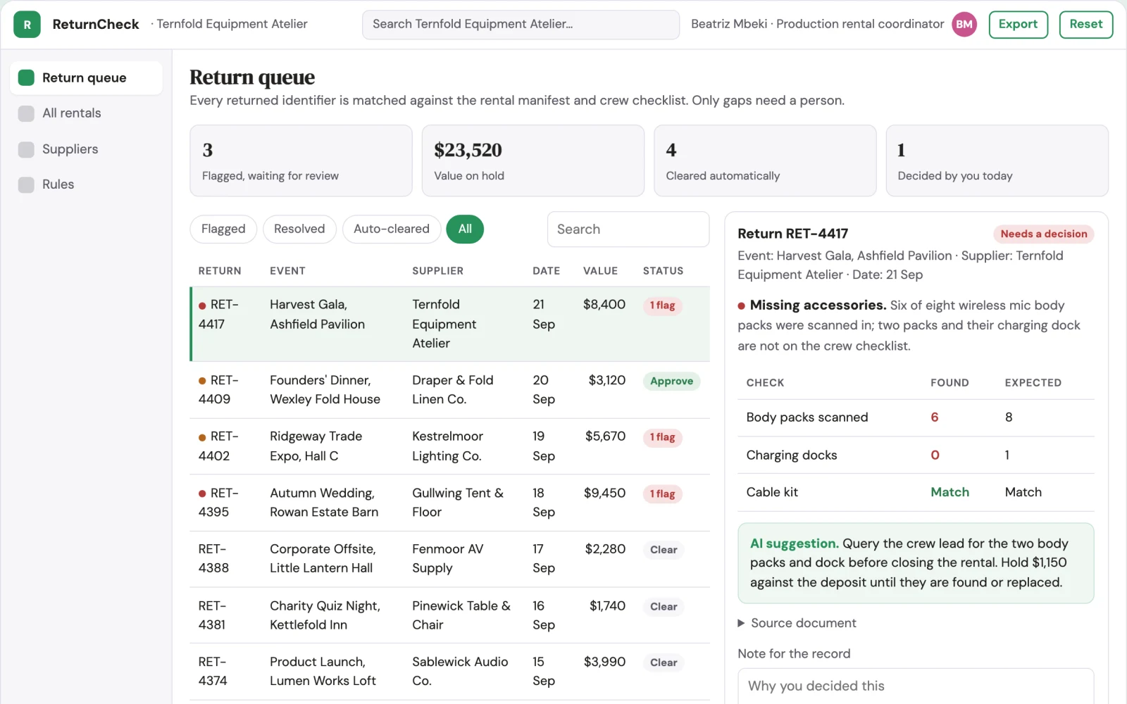 Screenshot of the Event equipment return checker interactive demo