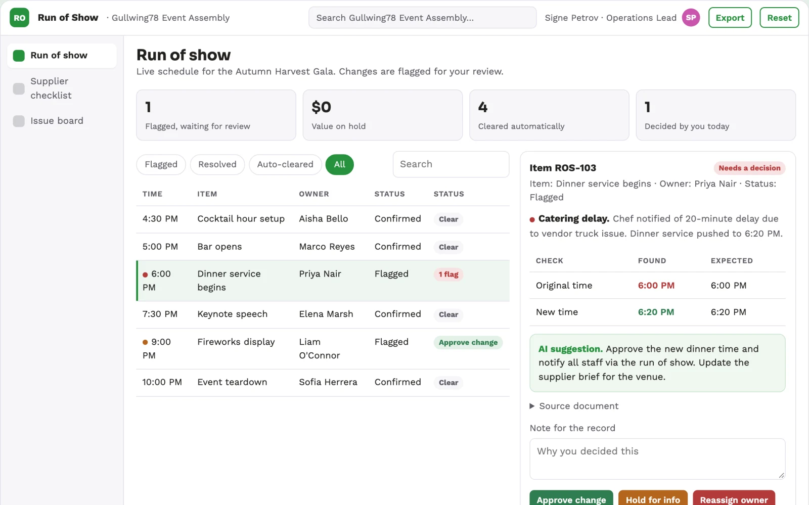 Demo screen of Event operations assistant